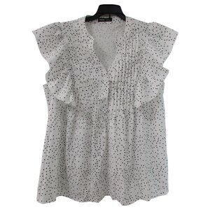 SHEIN Blouse Top‎ Womens XL White Black Polka Dot Pleated V-Neck Ruffle Sleeve